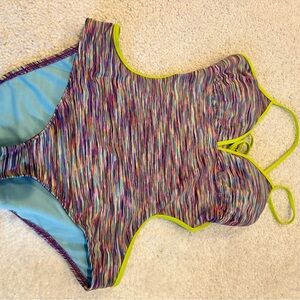 Athleta women’s lg Multicolor One-Piece Swimsuit with Lime Trim
